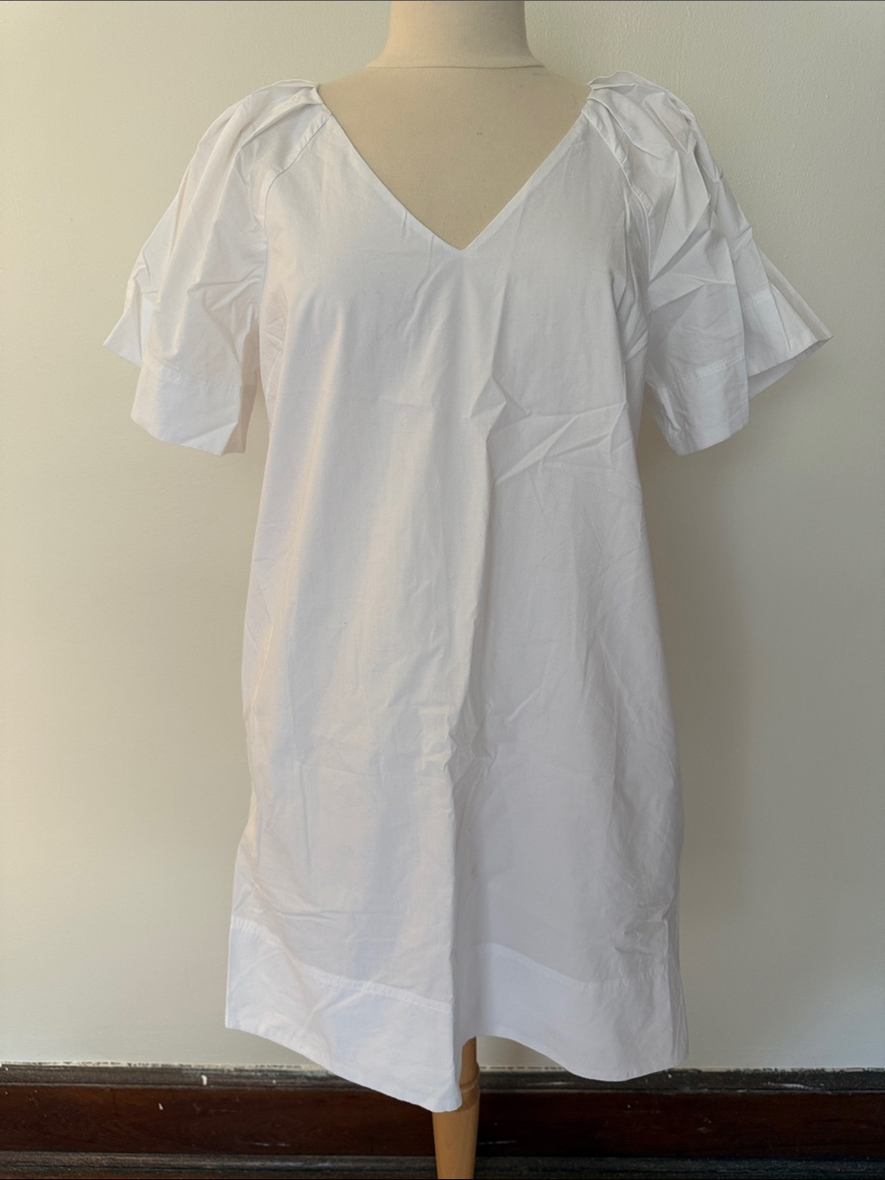 White V-Neck Pleated Sleeve Dress